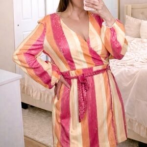 Pink Lily Boutique Wrap Dress Women’s Small Orange Sequins Striped Long Sleeve